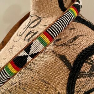 Vintage Handmade Traditional African Beaded Seed Beads Genuine Leather Belt